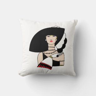 Vintage Art Deco Woman Wearing Hat Gloves Color Throw Pillow