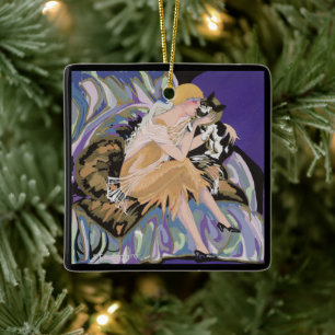 Vintage Art Deco Woman with Cat by S. Chompre Ceramic Ornament