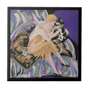 Vintage Art Deco Woman with Cat by S. Chompre Ceramic Tile