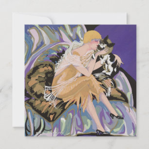 Vintage Art Deco Woman with Cat by S. Chompre Invitation