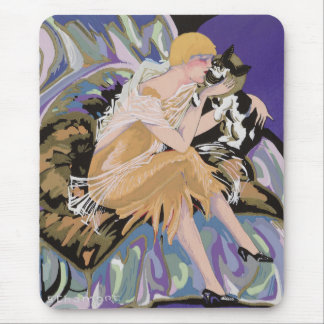 Vintage Art Deco Woman with Cat by S. Chompre Mouse Pad
