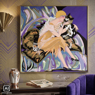 Vintage Art Deco Woman with Cat by S. Chompre Poster