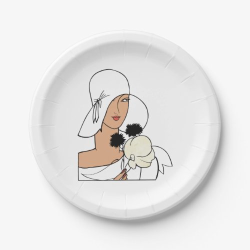 Vintage Art Deco Woman with Flowers Wearing Hat C Paper Plates