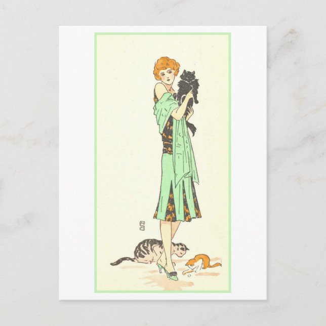 Vintage Art Deco Woman with Three Cats Postcard (Front)