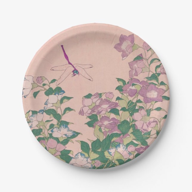 Vintage Art Dragonfly and Flowers Painting Paper Plates (Front)