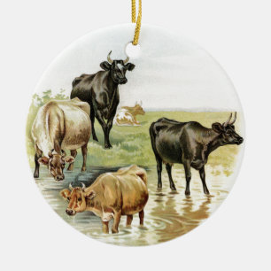 Vintage Art Farm Animals Cows Ceramic Ornament