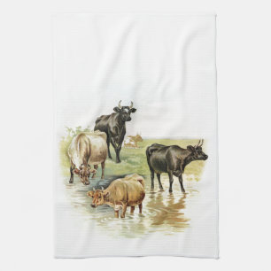 Vintage Art Farm Animals Cows Kitchen Towel