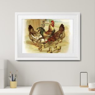 Vintage Art Farm Chickens Framed Art