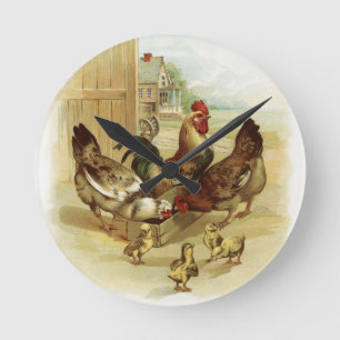 Vintage Art Farm Chickens Round Clock