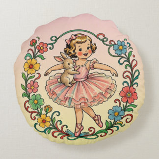 ~ Vintage Art Girl in Tutu with rabbit ~  Round Pillow