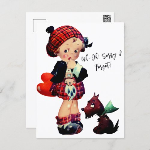 Vintage Art Girl Red Plaid Heart Dog  Postcard