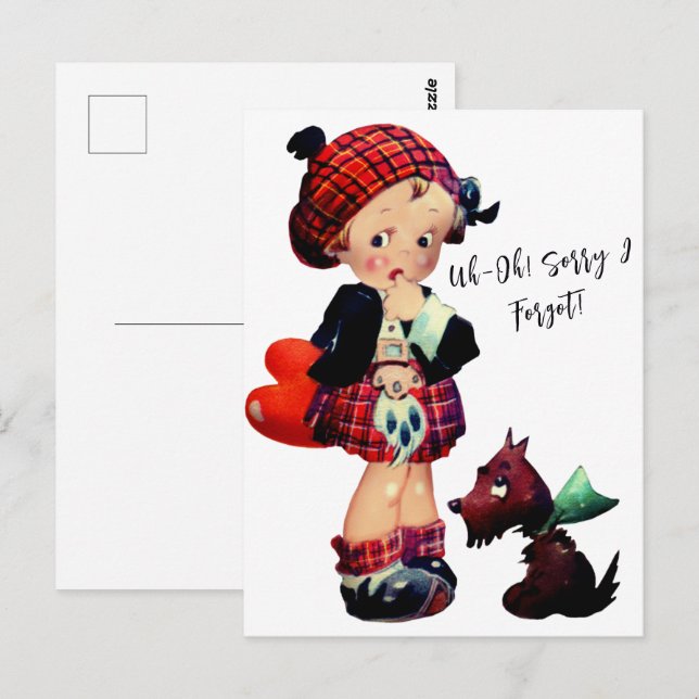 Vintage Art Girl Red Plaid Heart Dog | Postcard (Front/Back)