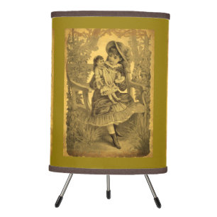 Vintage Art Girl With Doll Aged Look Tripod Lamp
