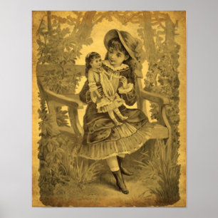 Vintage Art Girl With Doll Aged Poster