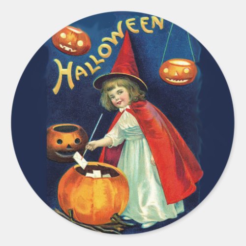 Vintage Art Halloween Witch with Pumpkins _ child Classic Round Sticker