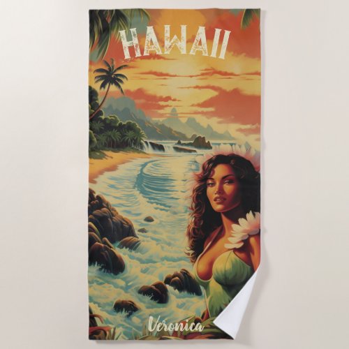 Vintage Art Hawaii Beach Hawaiian Girl Beach Towel