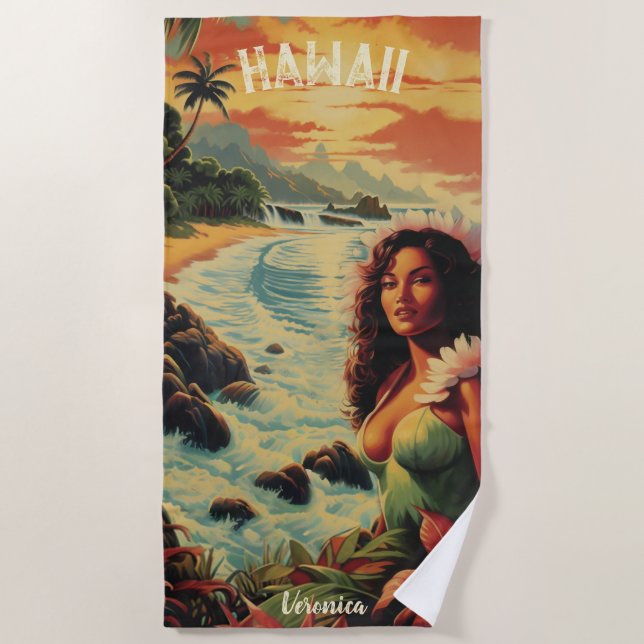 Vintage Art Hawaii Beach Hawaiian Girl  Towel (Front)
