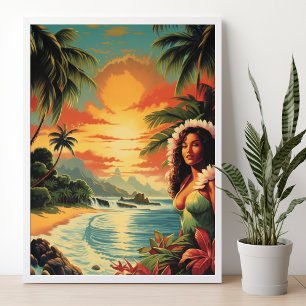 Vintage Art Hawaii Beach Hawaiian Girl Travel Poster