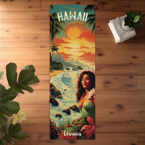 Vintage Art Hawaii Beach Hawaiian Girl  Yoga Mat