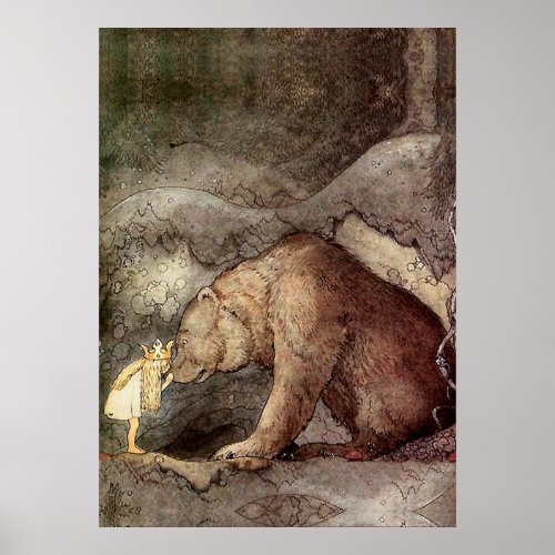 Vintage Art John Bauer Kissed Bear on Nose Poster