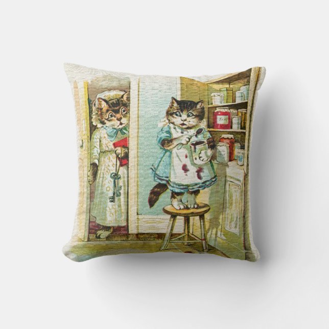 Vintage art: Kitten caught stealing Throw Pillow (Front)