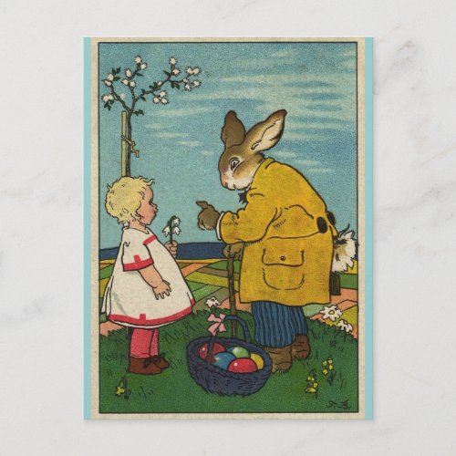 Vintage Art _ Little Girl with The Easter Bunny Holiday Postcard