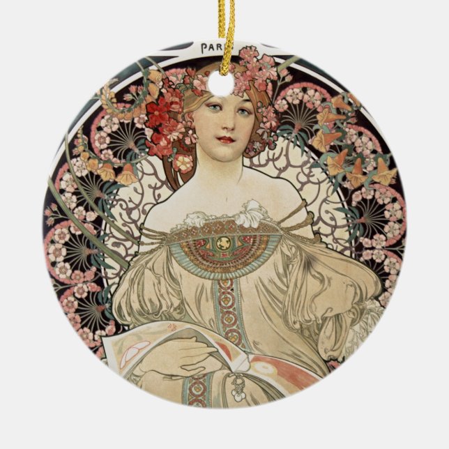 Vintage Art Nouveau Alphonse Mucha Art Painting Ceramic Ornament (Front)