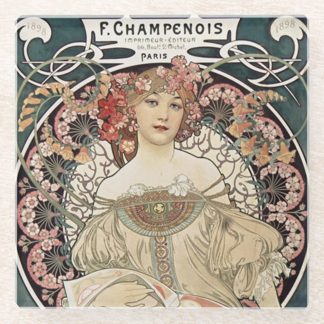 Vintage Art Nouveau Alphonse Mucha Art Painting Glass Coaster (Front)