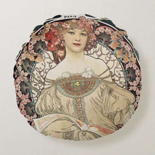 Vintage Art Nouveau Alphonse Mucha Art Painting Round Pillow