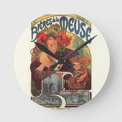 Vintage Art Nouveau Alphonse Mucha Round Clock