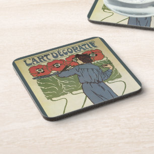 Vintage Art Nouveau, Artist Painting Poppy Flowers Beverage Coaster