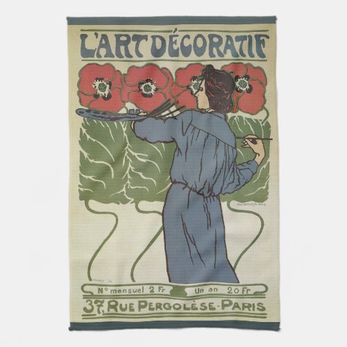Vintage Art Nouveau Artist Painting Poppy Flowers Kitchen Towel
