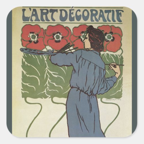 Vintage Art Nouveau Artist Painting Poppy Flowers Square Sticker