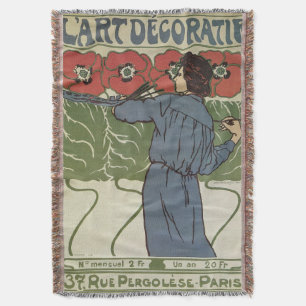 Vintage Art Nouveau, Artist Painting Poppy Flowers Throw Blanket