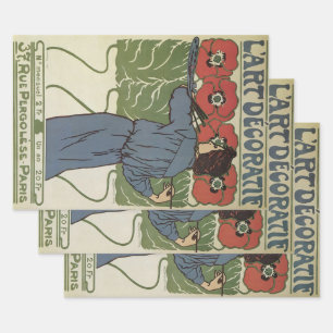 Vintage Art Nouveau, Artist Painting Poppy Flowers Wrapping Paper Sheets