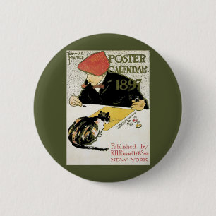 Vintage Art Nouveau, Artist Painting with Pet Cat Button