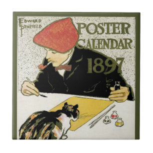 Vintage Art Nouveau, Artist Painting with Pet Cat Ceramic Tile
