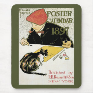 Vintage Art Nouveau, Artist Painting with Pet Cat Mouse Pad