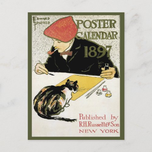 Vintage Art Nouveau Artist Painting with Pet Cat Postcard