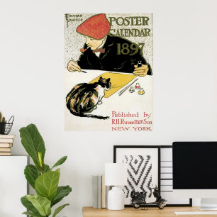 Vintage Art Nouveau, Artist Painting with Pet Cat Poster