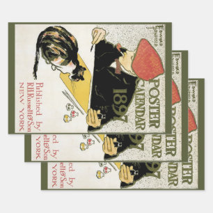 Vintage Art Nouveau, Artist Painting with Pet Cat Wrapping Paper Sheets