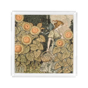 Vintage Art Nouveau August Sunflower Garden Art Acrylic Tray