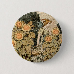 Vintage Art Nouveau August Sunflower Garden Art Button