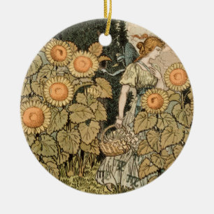 Vintage Art Nouveau August Sunflower Garden Art Ceramic Ornament