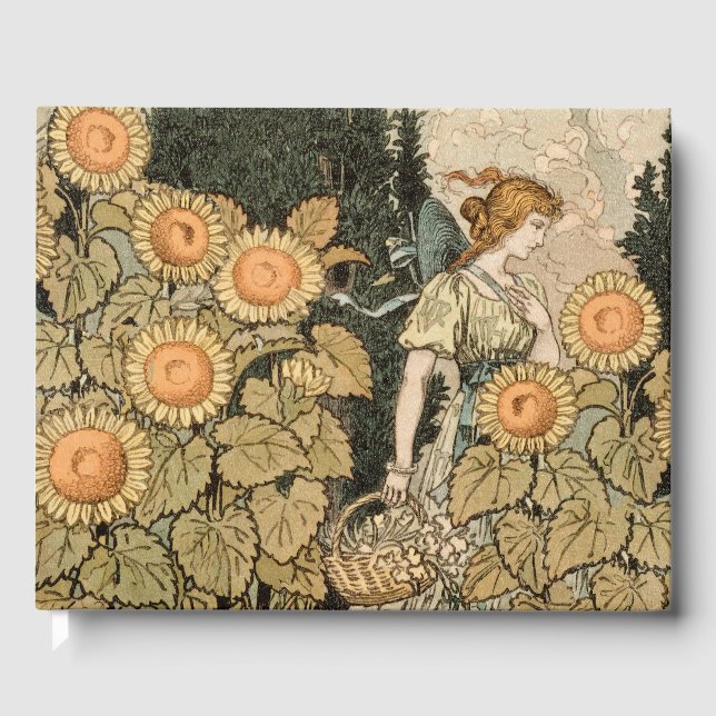 Vintage Art Nouveau August Sunflower Garden Art Guest Book (Front)