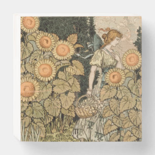 Vintage Art Nouveau August Sunflower Garden Art Wooden Box Sign