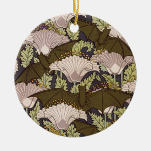 Vintage Art Nouveau Bat and Poppy Floral Pattern Ceramic Ornament