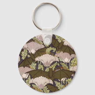 Vintage Art Nouveau Bat and Poppy Floral Pattern Keychain
