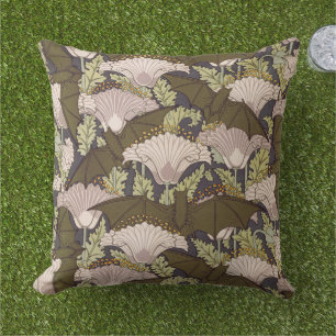 Vintage Art Nouveau Bat and Poppy Floral Pattern Outdoor Pillow