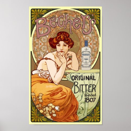 Vintage Art Nouveau Bechers Original Bitter 1807 Poster
